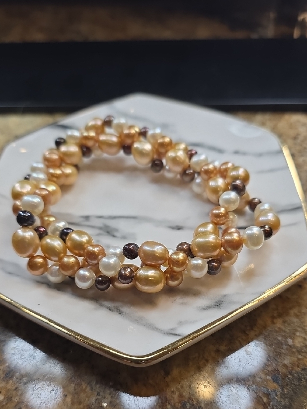 Freshwater Pearl Stretch Bracelet - Gold, White & Brown